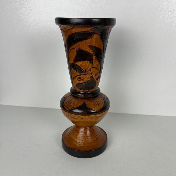Vintage Hand Carved Wooden Vase Floral Leaves Made in Mexico 12.5" Boho - Picture 2 of 7
